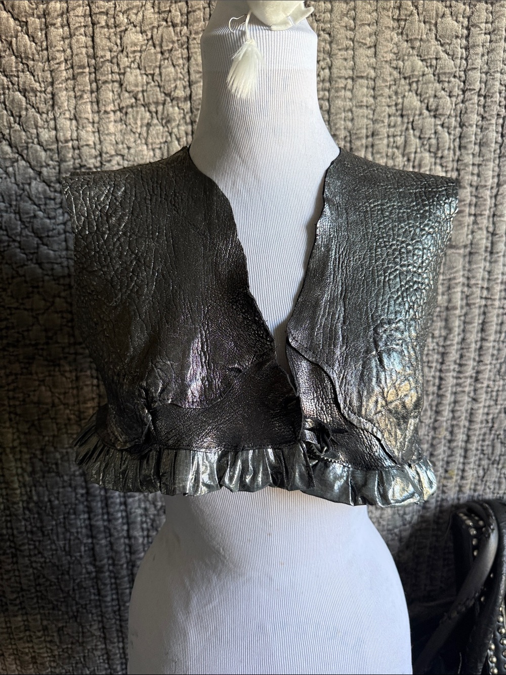Metallic Black and Silver Cropped Ruffle Hem Vest 100%Italian Leather.
